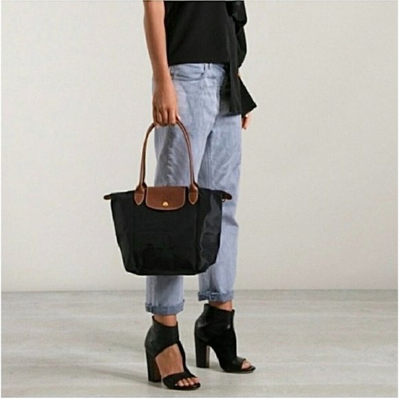 Longchamp Handbags - Longchamp Le Pliage Folding Tote Bag Black Canvas Cowhide Brown Leather Medium